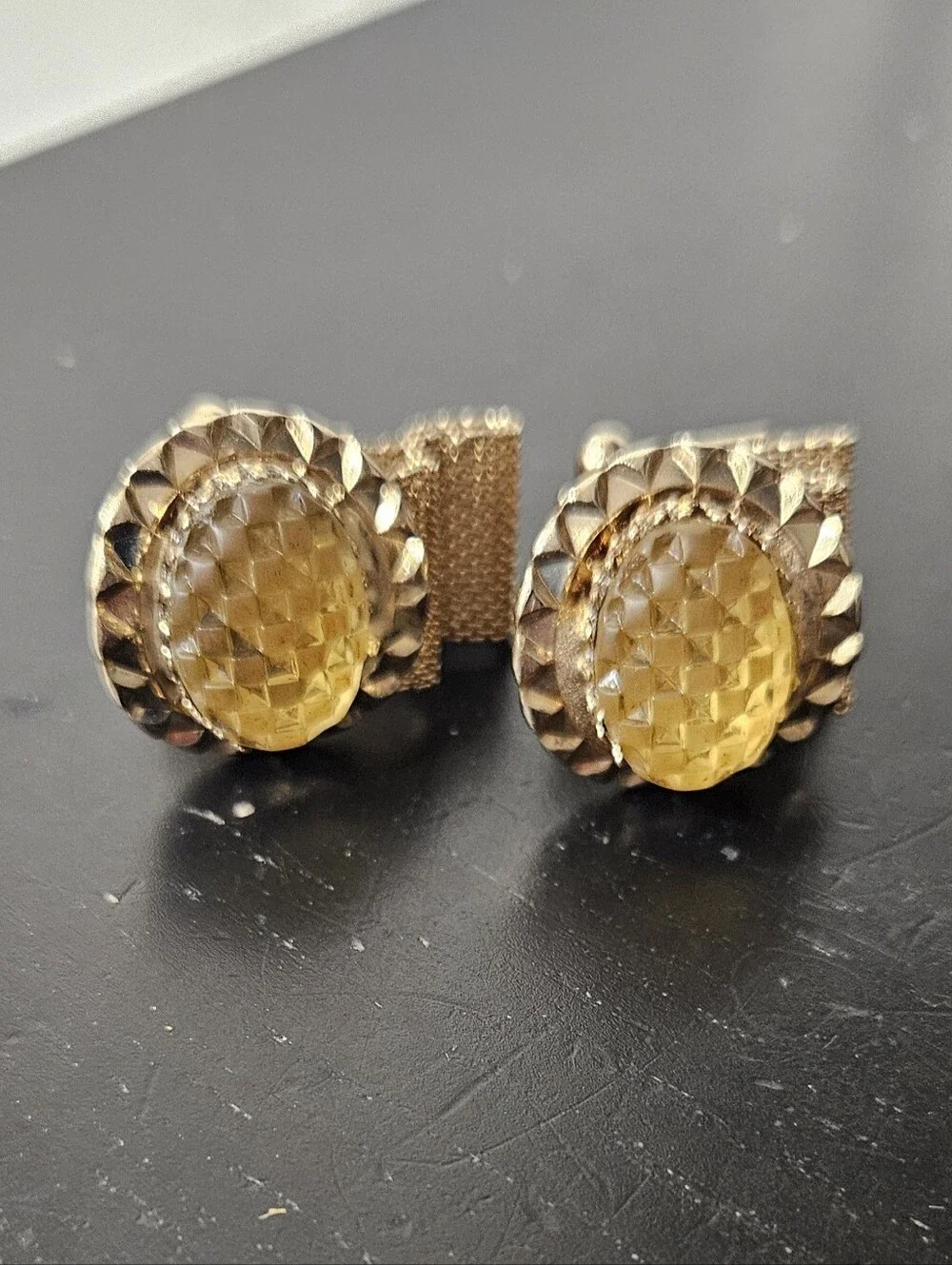 Vintage Gold Tone and Orange Faceted Plastic Oval Mesh Wrap Cuff Links